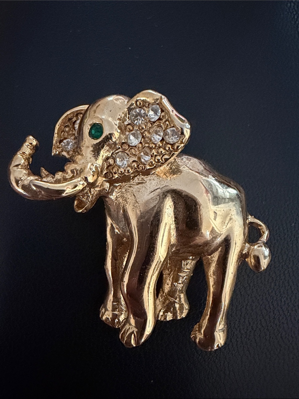 Gold Elephant Brooch with Crystal Accents and Green Eye